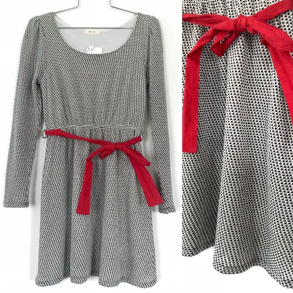 Everly black & white knit dress red bow belt retro